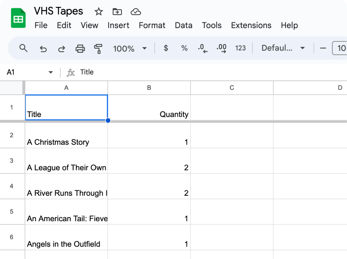 Basic Google Sheet inventory of VHS titles and copy counts
