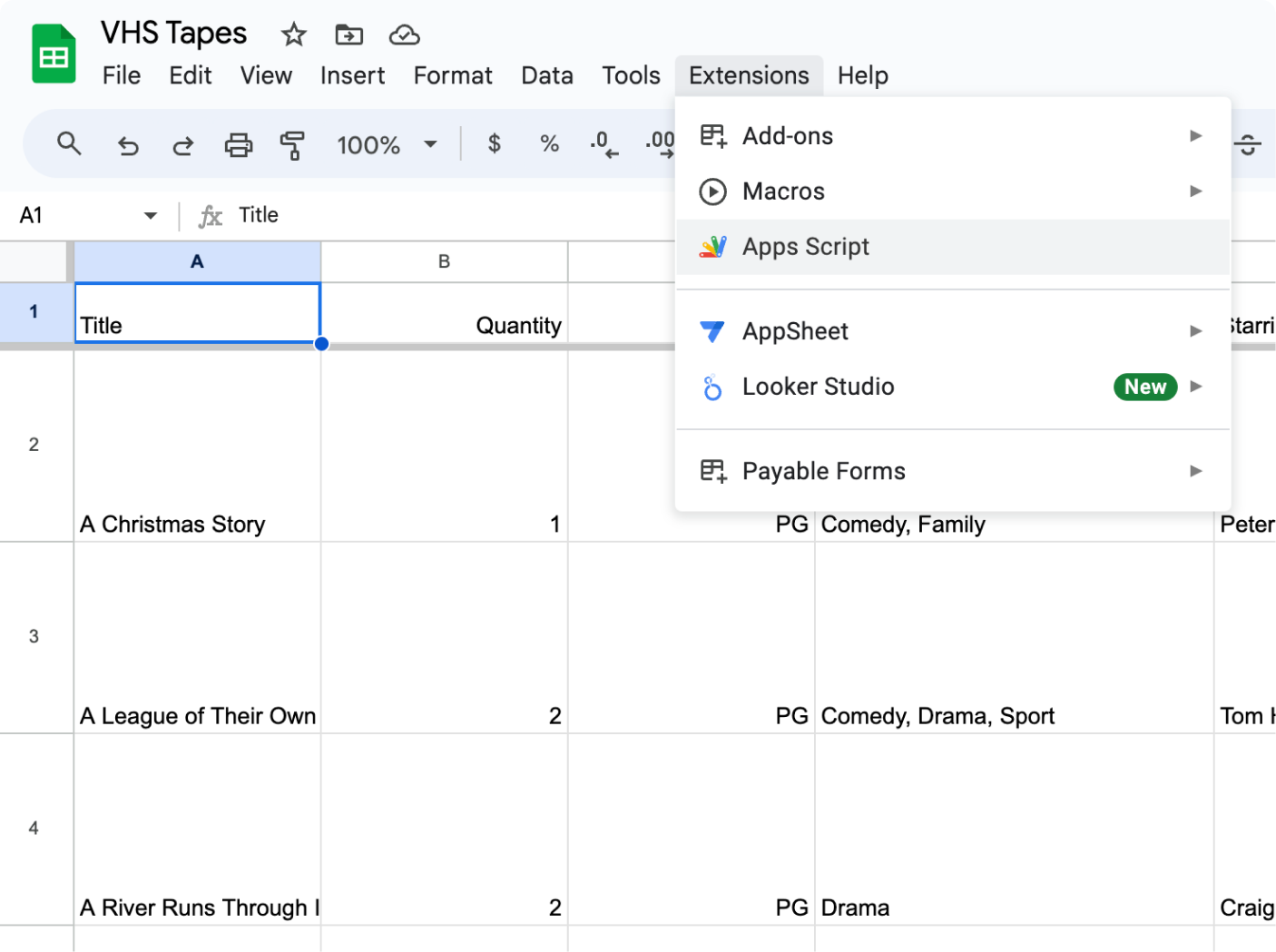 Google Sheets Extensions menu showing the App Script option