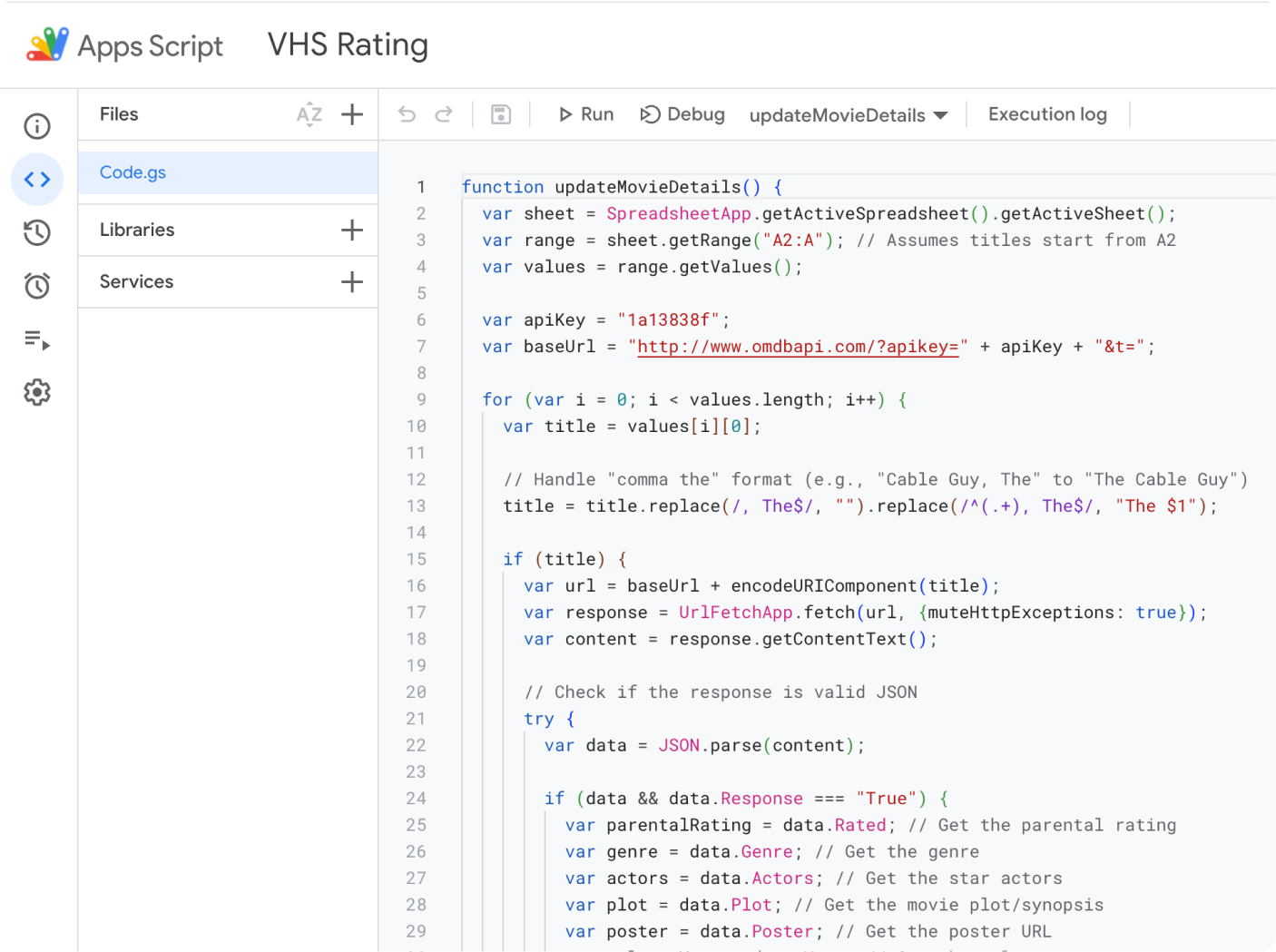 Google Apps Script editor with the OMDB lookup code