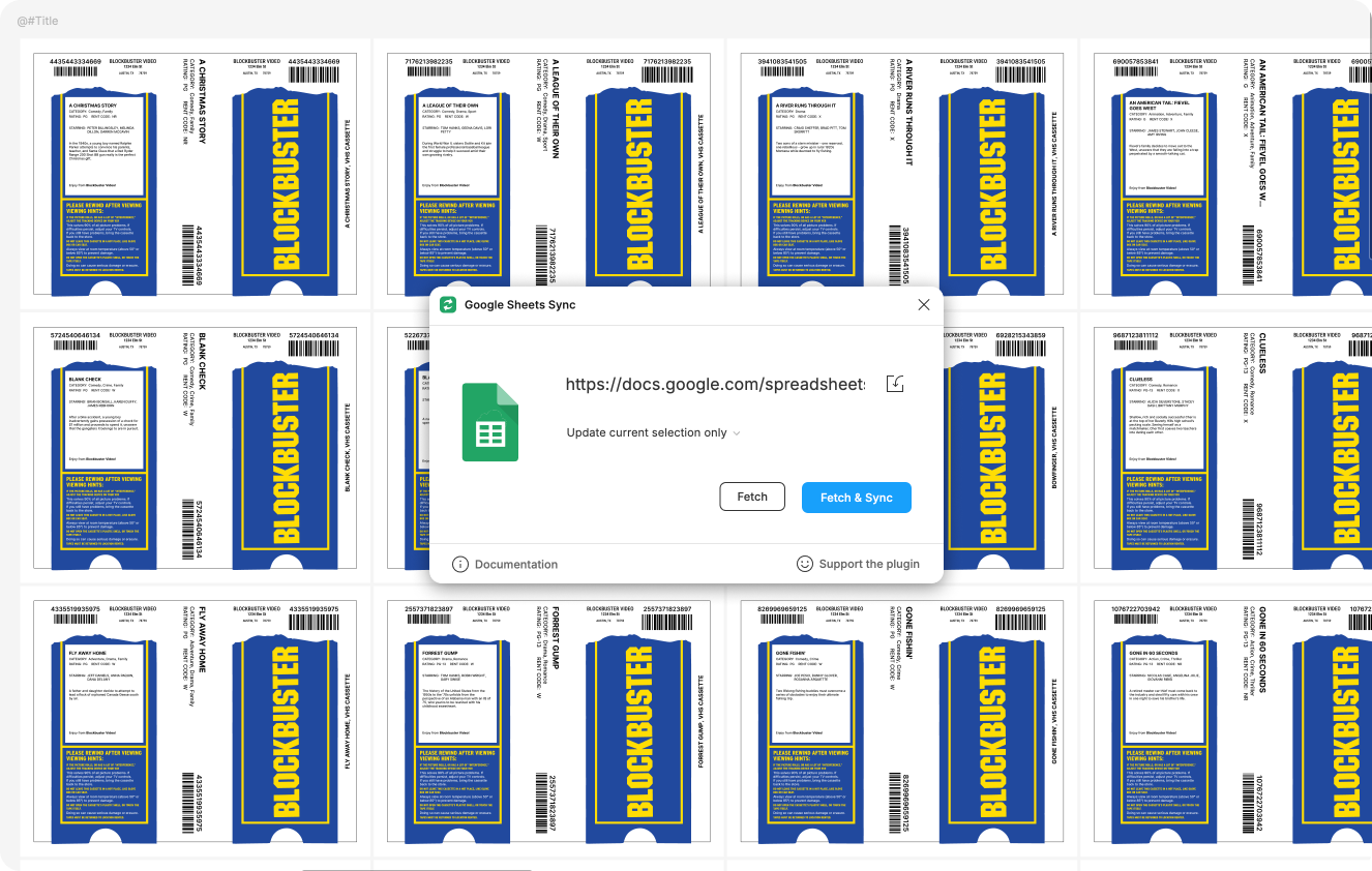 Dozens of filled-in VHS clamshell covers in Figma, ready for print